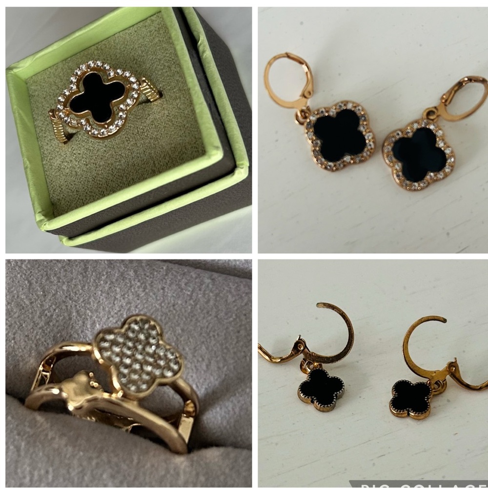 Gold Tone 4 pc. Set Black Clover Ring, Gold Ring, & 2 Earrings NWOT Gift Ready